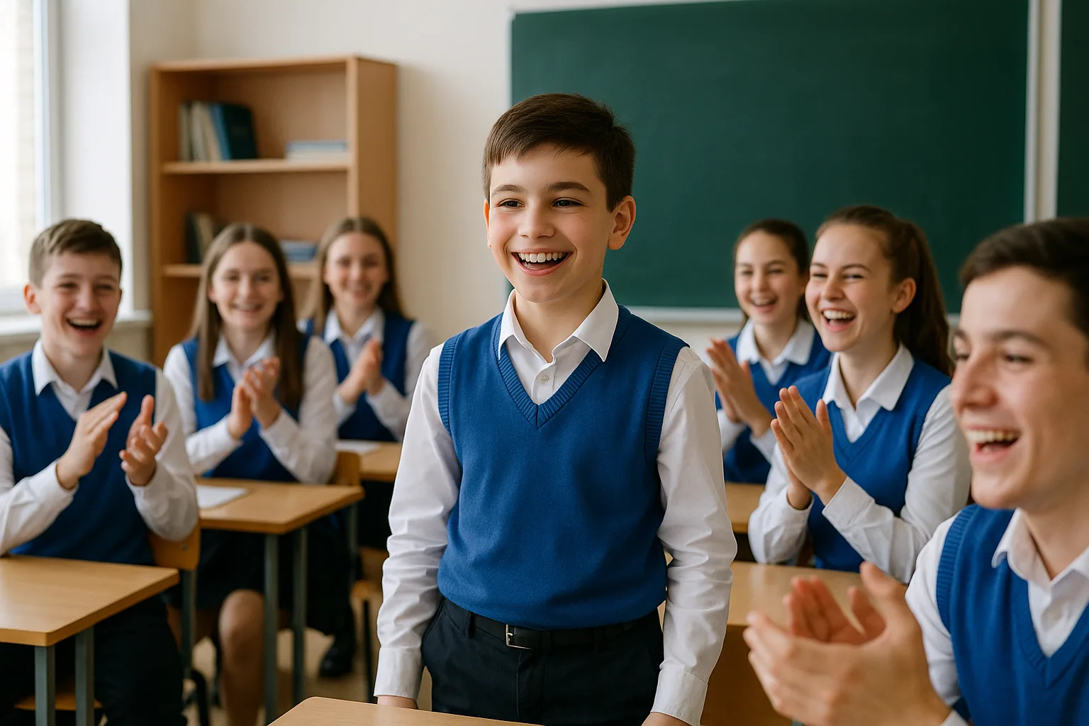 Ученики хлопают однокласснику за успех на уроке