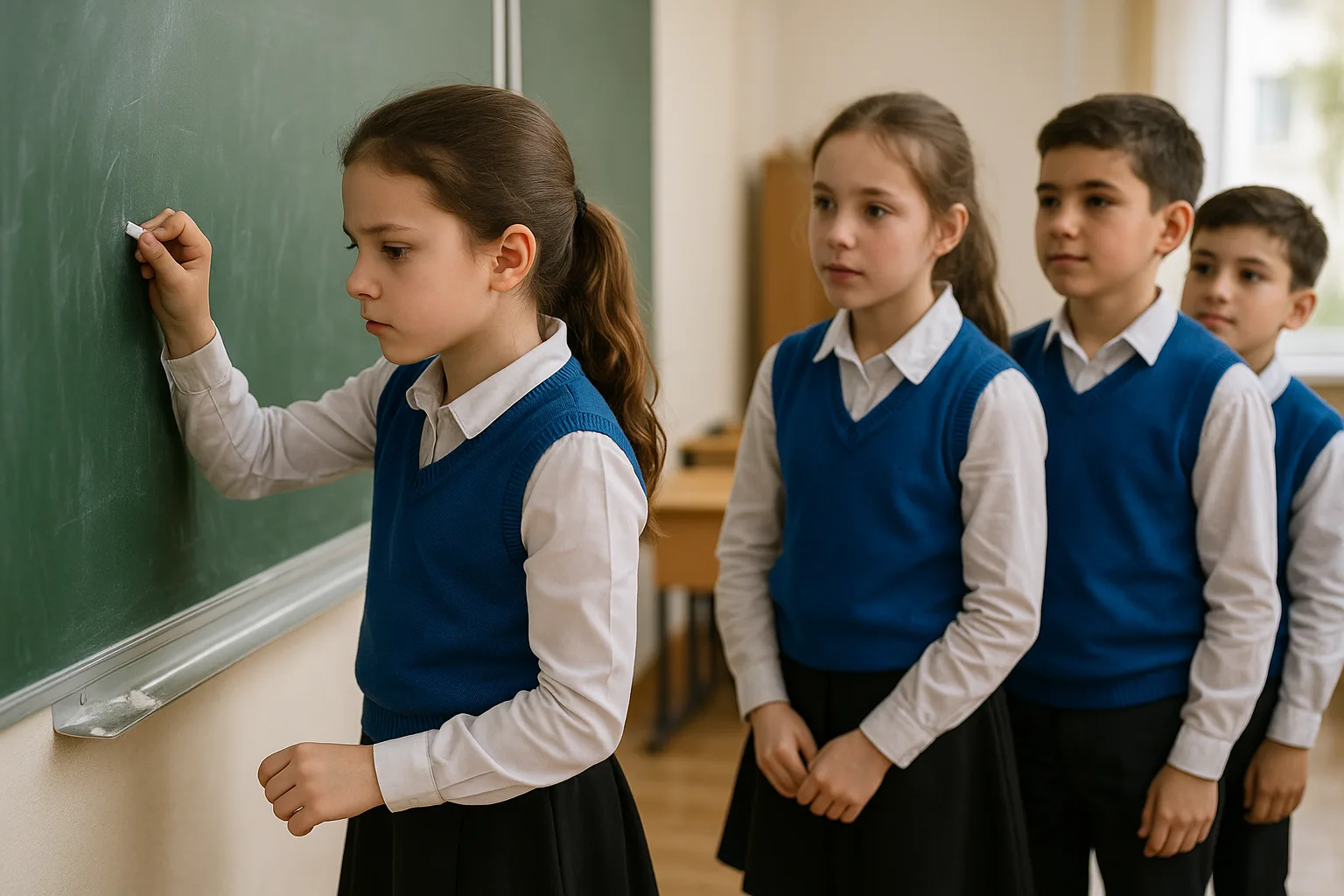 Ученица пишет мелом на школьной доске