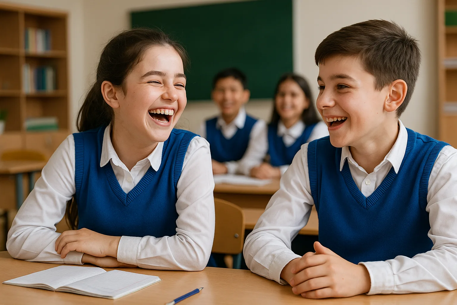Ученица в васильковом жилете смеётся в классе