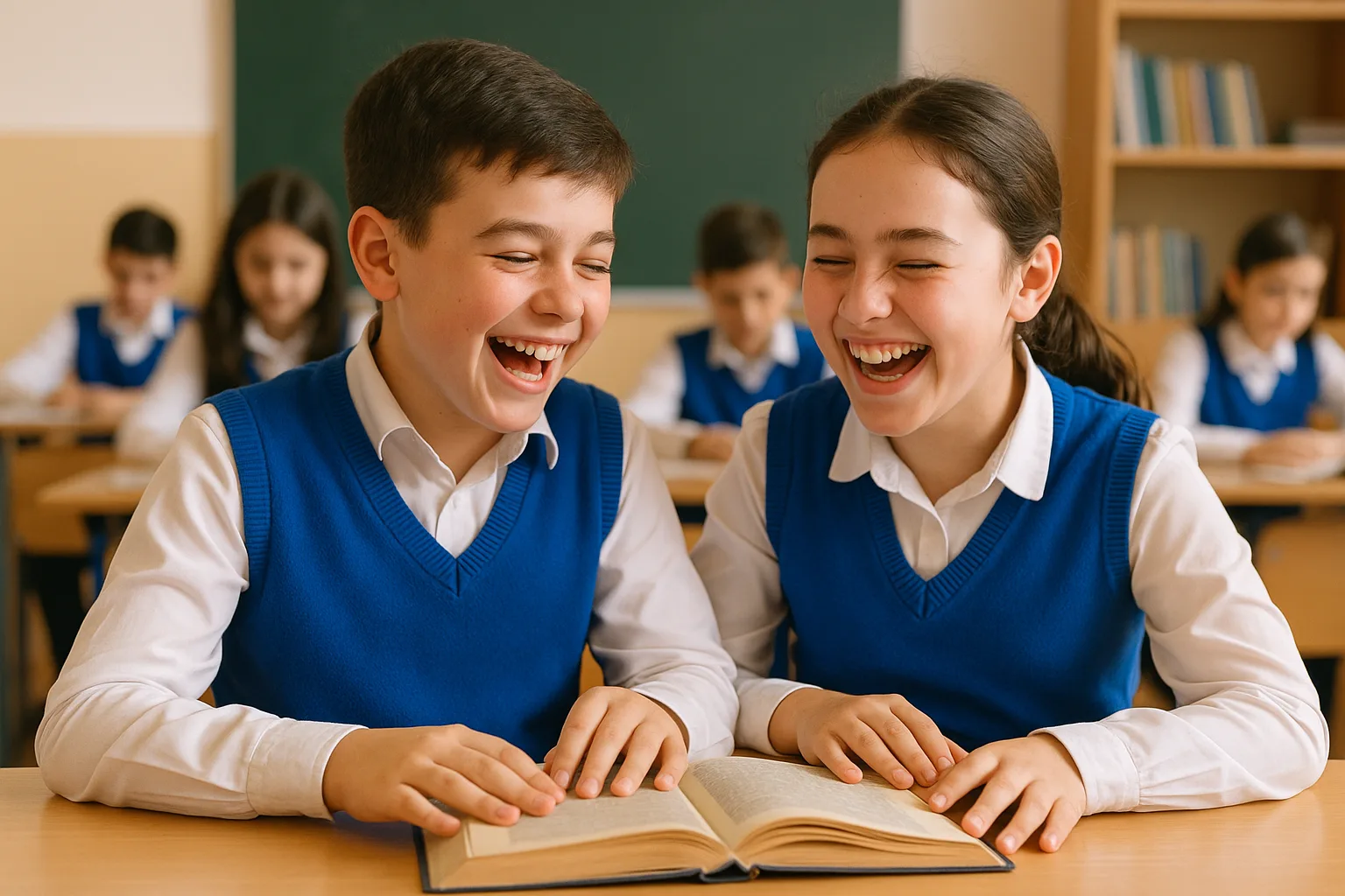 Ученики в школьной форме читают книгу и смеются