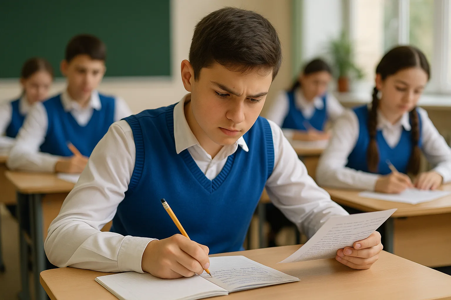 Школьник в васильковом жилете пишет и сверяется с листком