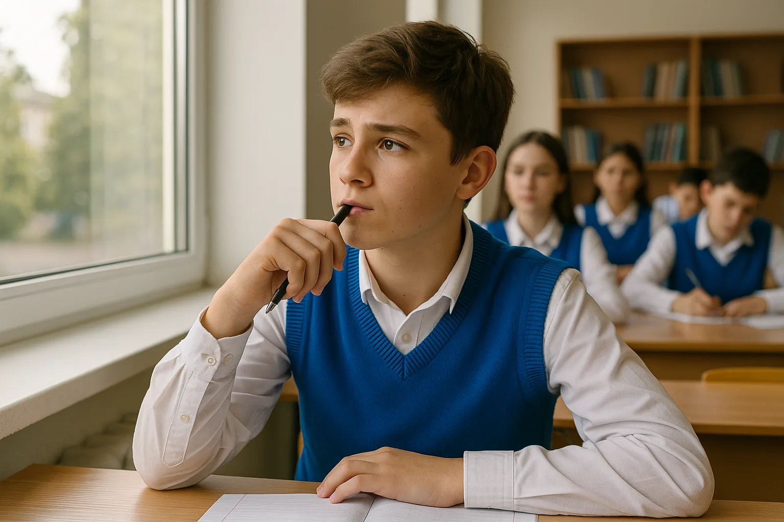 Школьник в жилете задумывался у окна с тетрадью